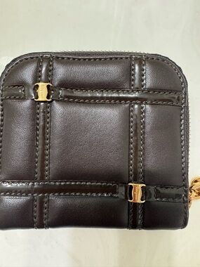 Salvatore Ferragamo Dark Brown Quilted Leather Zip Wallet w/Gold Hardware &COA